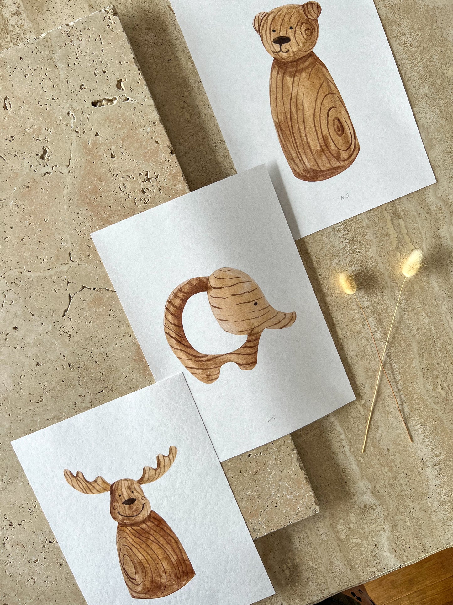 MOOSE ELEPHANT BEAR WOODEN ANIMAL TOY PRINT COLLECTION BY WILLOW AND SAGE CO