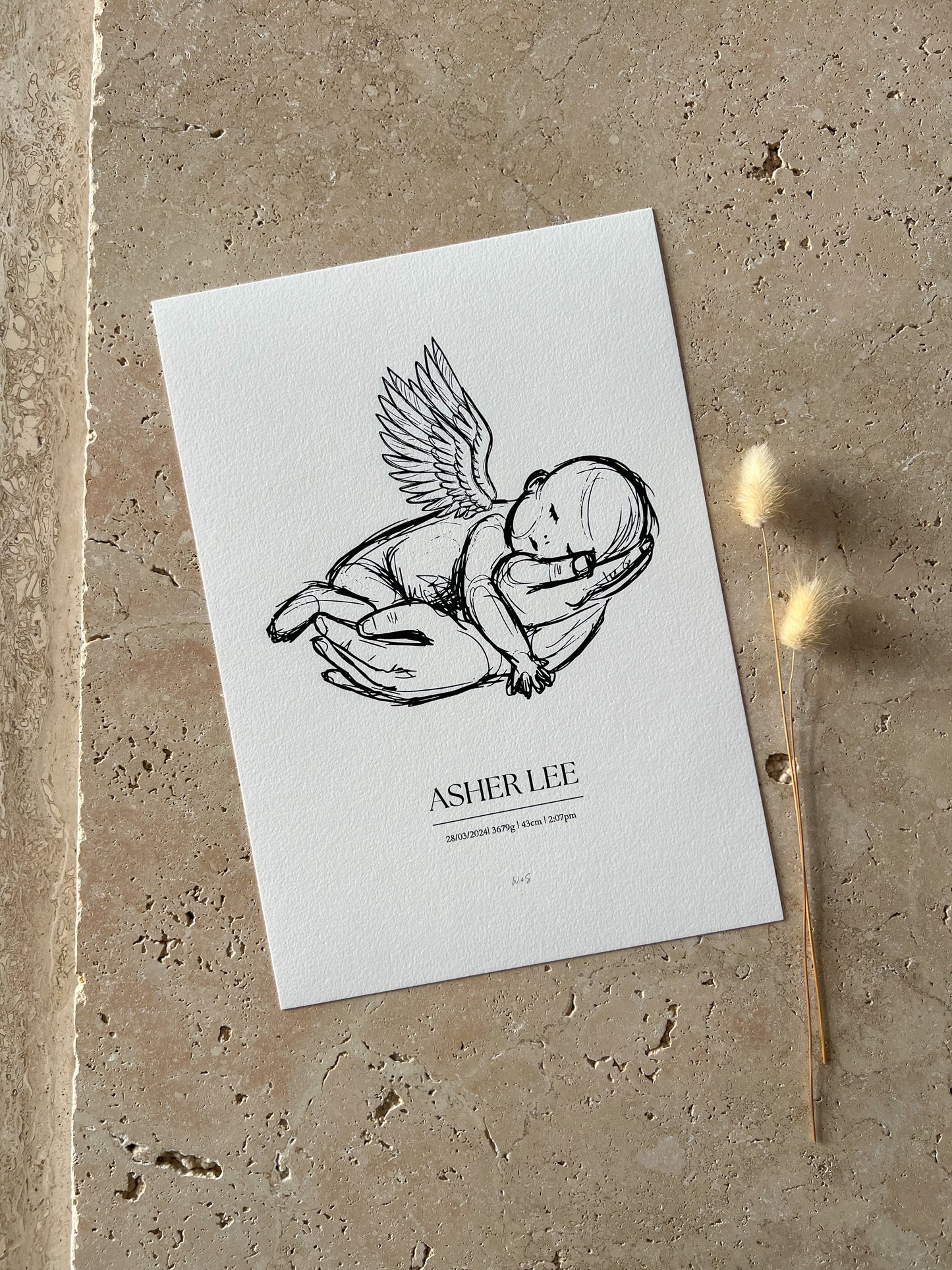 ANGEL BABY BIRTH SKETCH PRINT ~ CUSTOM KEEPSAKE PRINT BY WILLOW AND SAGE CO