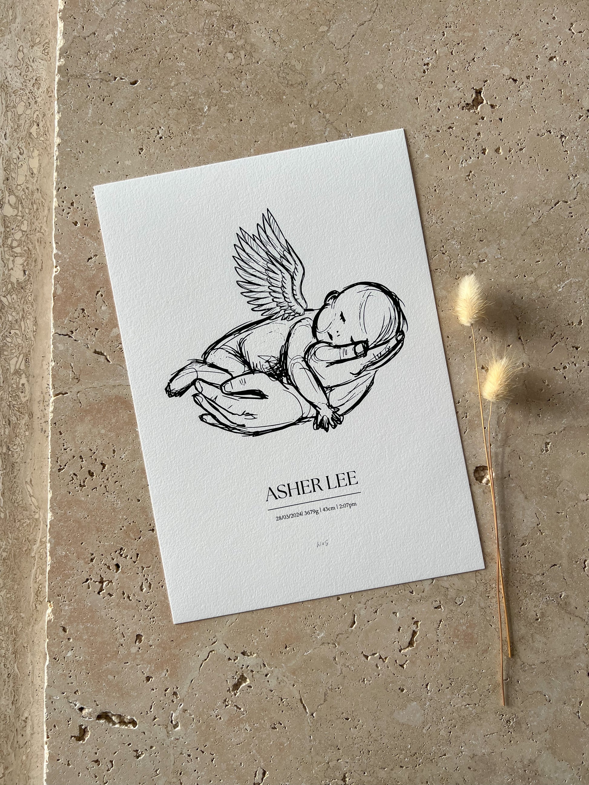 ANGEL BABY BIRTH SKETCH PRINT ~ CUSTOM KEEPSAKE PRINT BY WILLOW AND SAGE CO