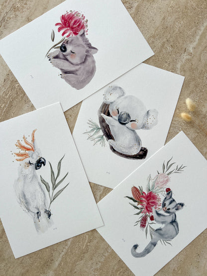 Australian animal nursery print collection featuring koala, cockatoo and possum wall art by Willow & Sage Co
