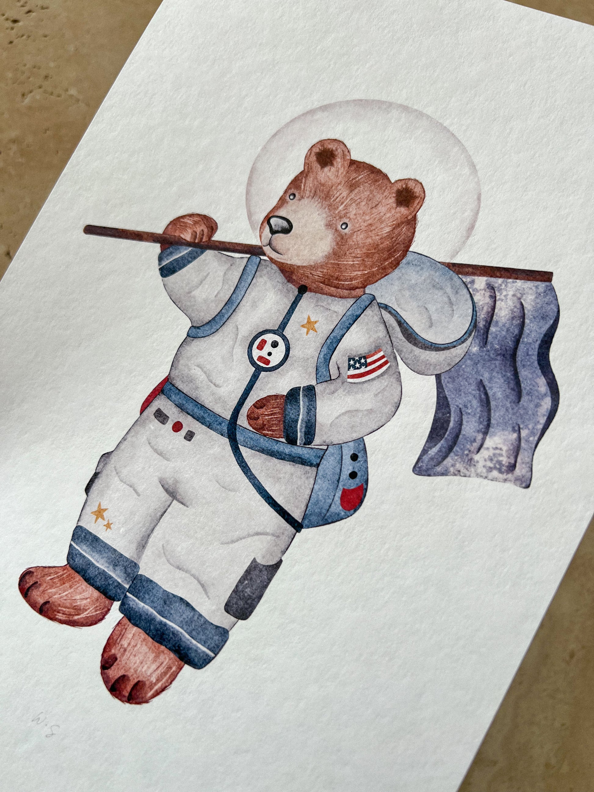 BEAR WITH FLAG CLOSE UP SPACE BEARS PRINT COLLECTION BY WILLOW AND SAGE CO