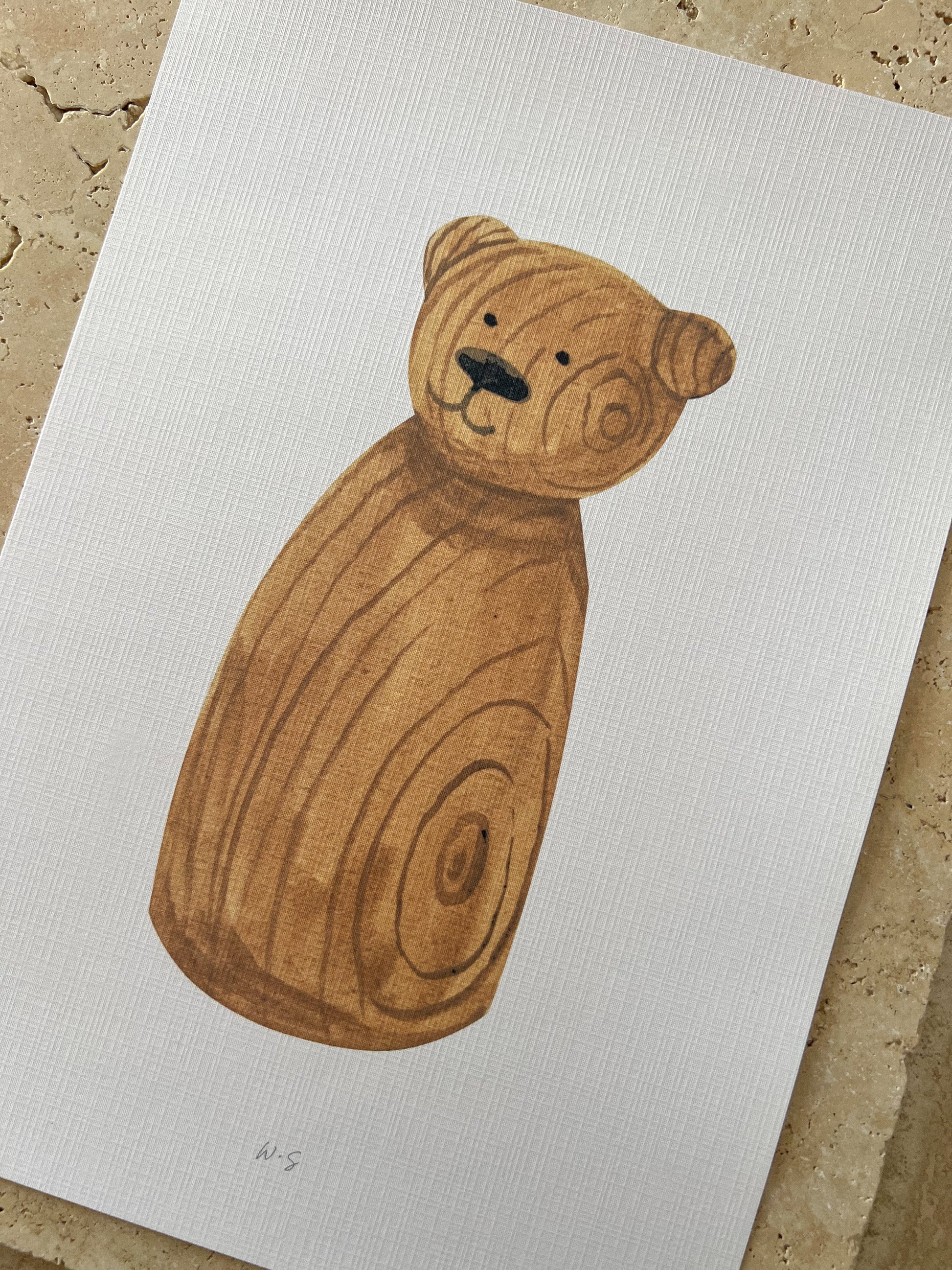 BEAR WOODEN PRINT CLOSE UP ON LINEN BY WILLOW AND SAGE CO