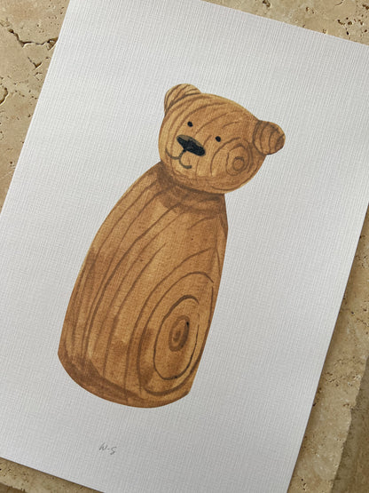 BEAR WOODEN PRINT CLOSE UP ON LINEN BY WILLOW AND SAGE CO