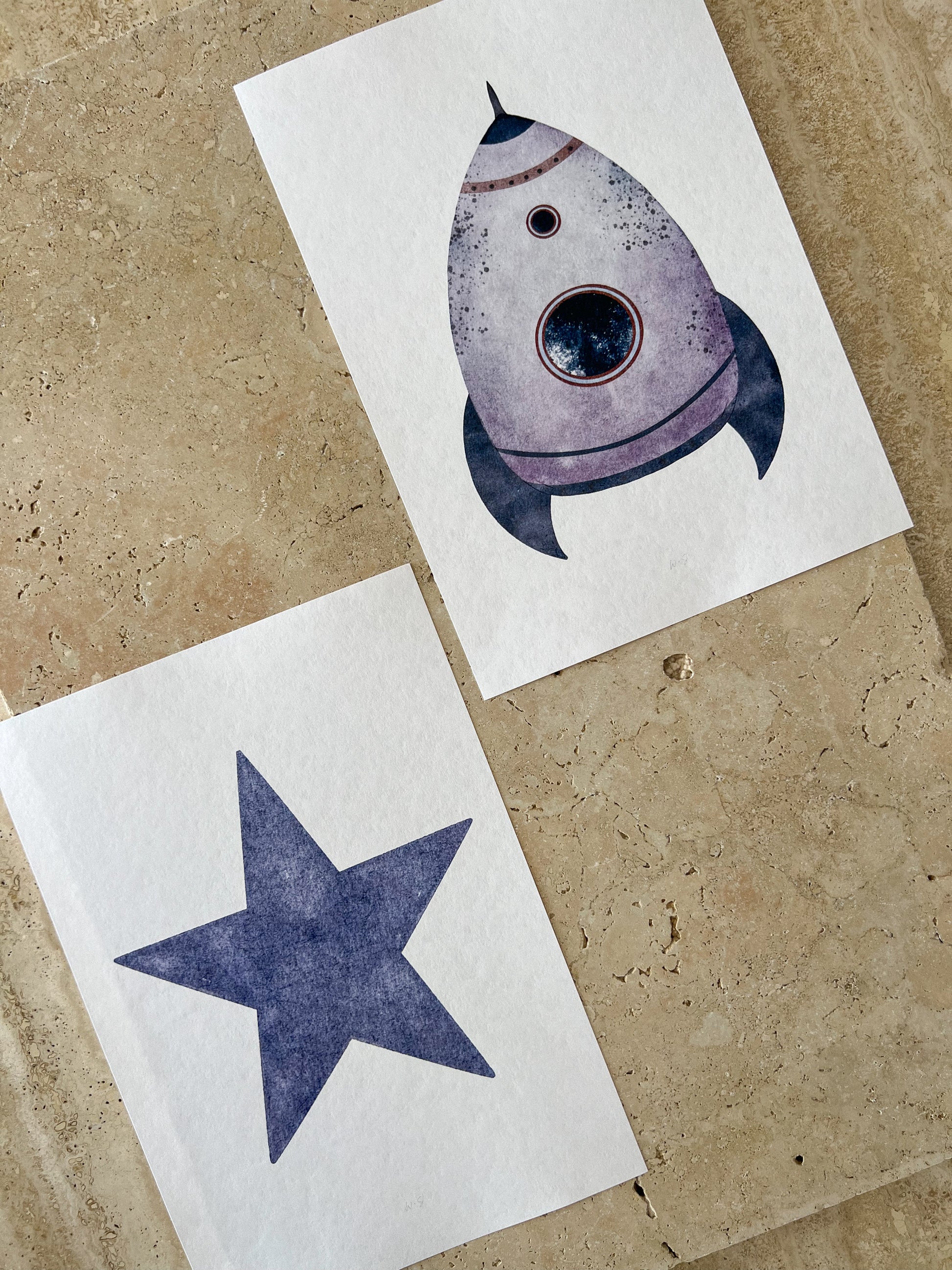 BLUE STAR AND ROCKET SPACE BEARS PRINT COLLECTION BY WILLOW AND SAGE CO