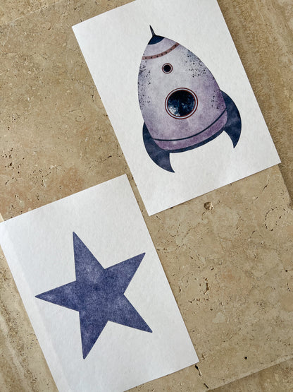 BLUE STAR AND ROCKET SPACE BEARS PRINT COLLECTION BY WILLOW AND SAGE CO