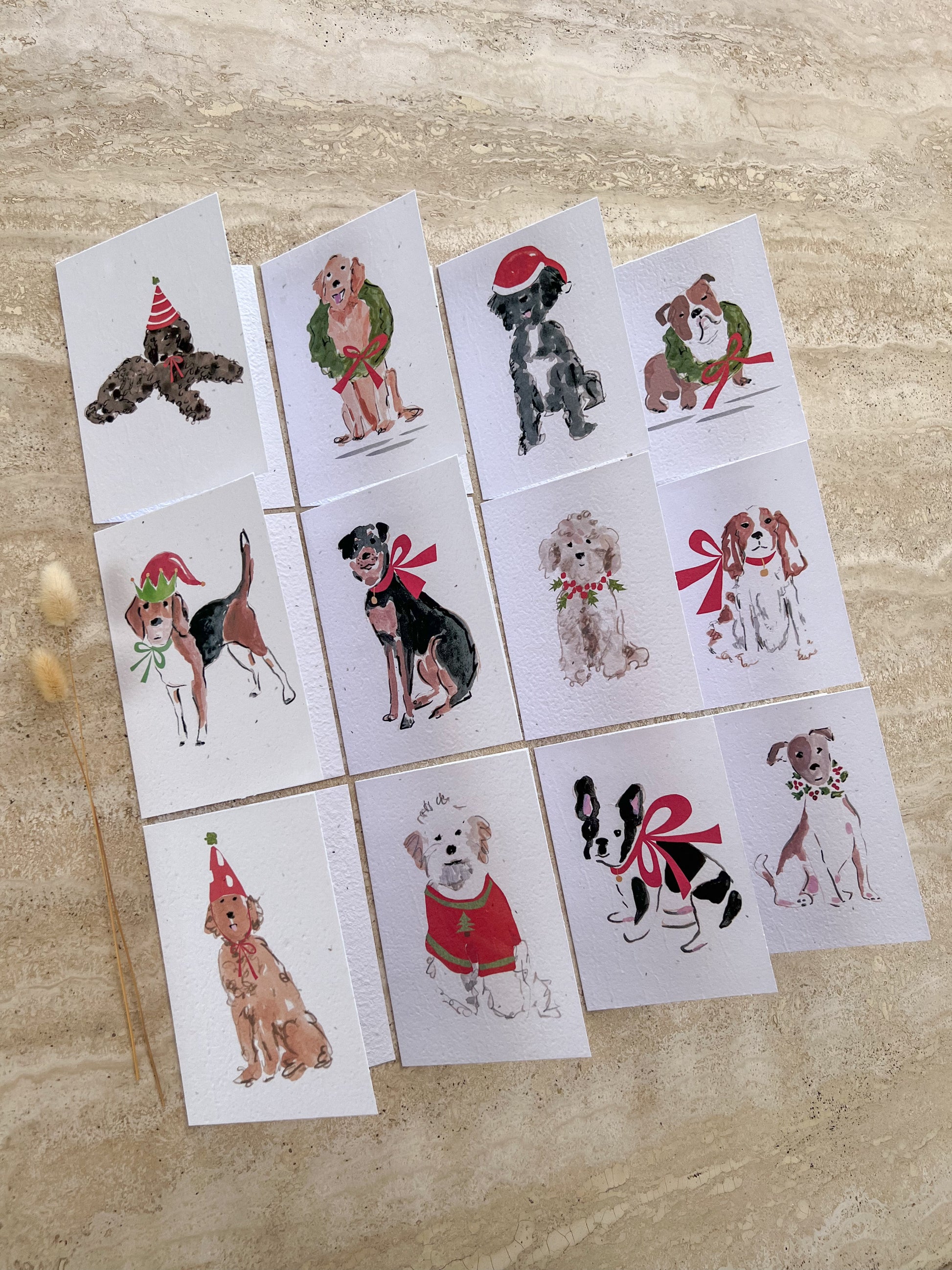Set of plantable seeded cards with Christmas-themed dog illustrations by Willow & Sage Co.