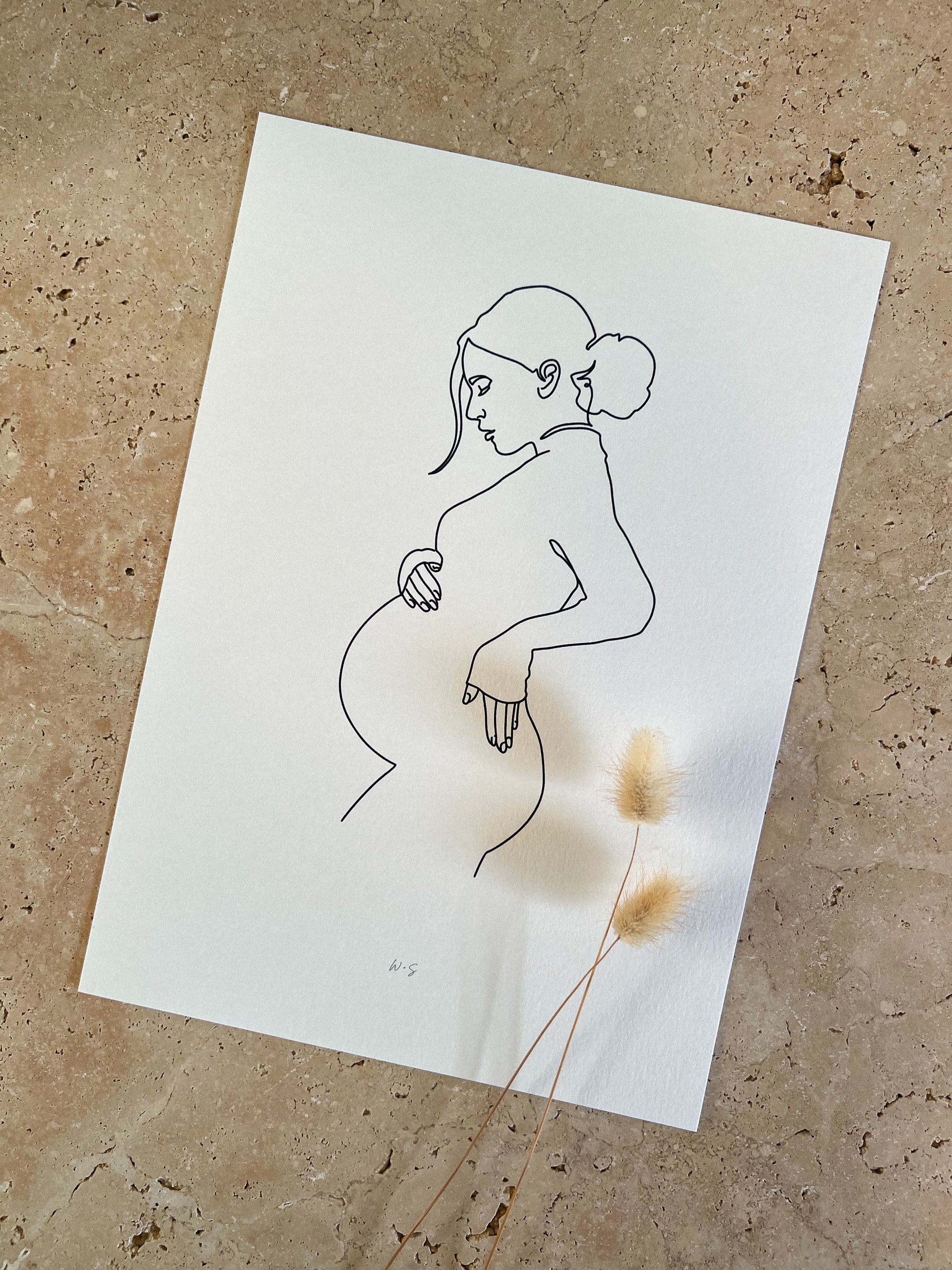 CLOSE UP LOOKING DOWN PREGNANCY LINE ART PRINT BY WILLOW AND SAGE CO