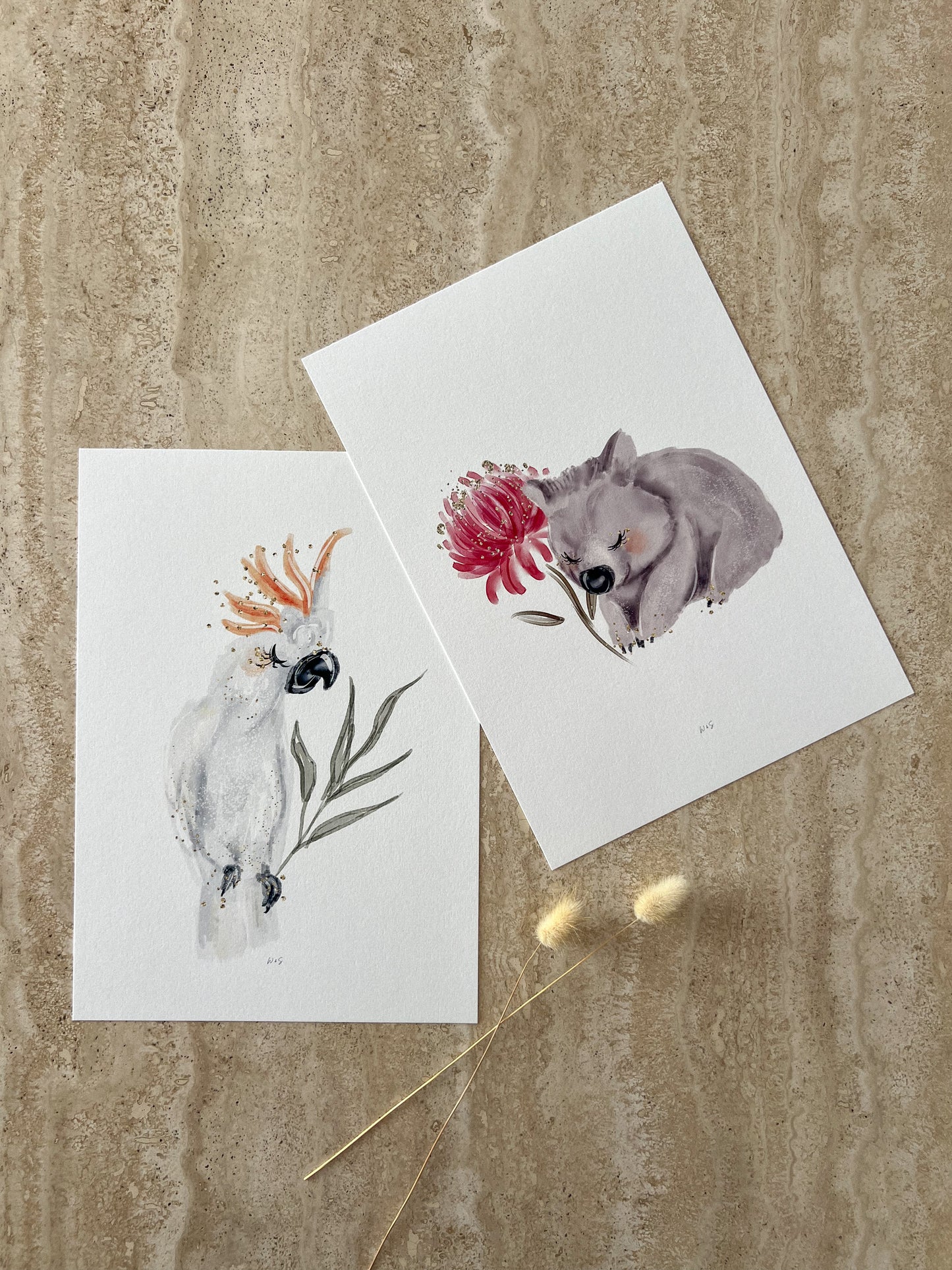 Australian Animals printed wall art - Wombat and Cockatoo prints