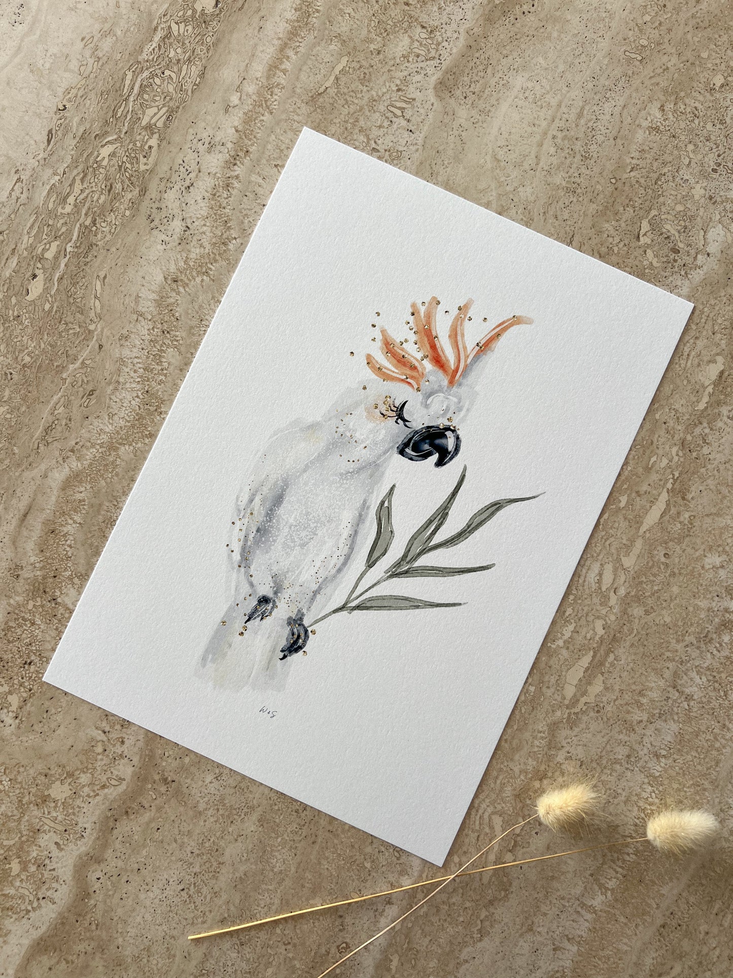 Australian cockatoo wall art print with eucalyptus leaves – native wildlife nursery decor