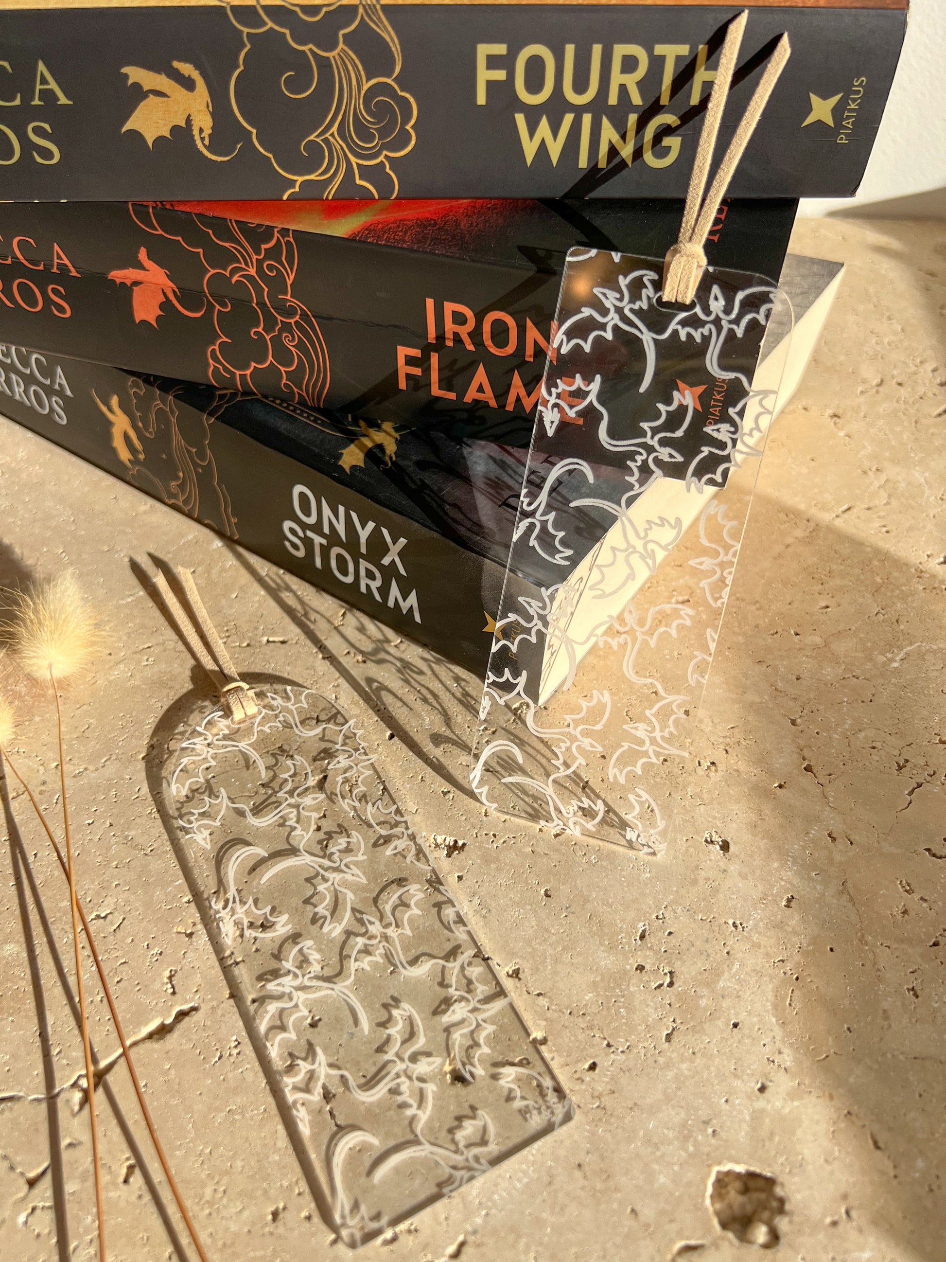 Three books titled 'Onyx Storm', 'Iron Flame', and 'Fourth Wing' ~ DRAGON BOOKMARKS BY WILLOW & SAGE CO