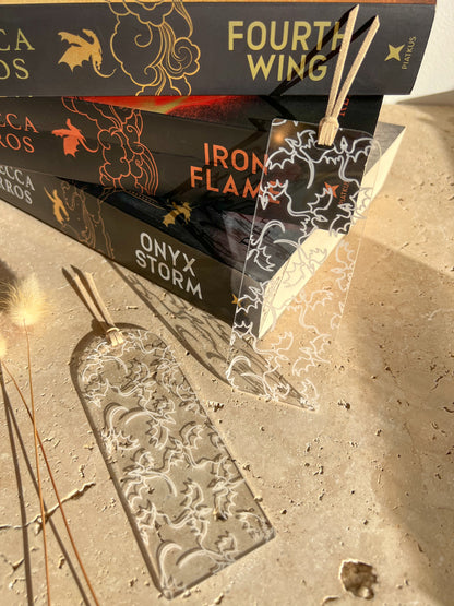 Three books titled 'Onyx Storm', 'Iron Flame', and 'Fourth Wing' ~ DRAGON BOOKMARKS BY WILLOW & SAGE CO