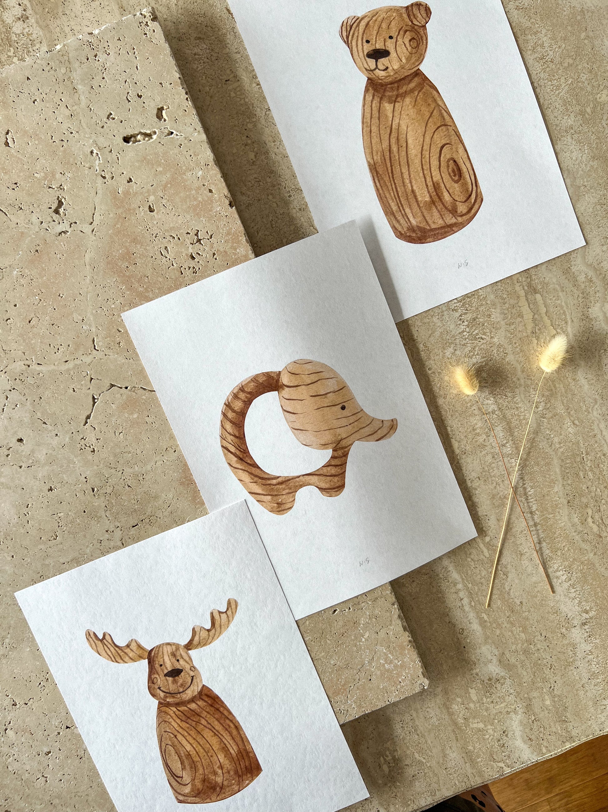 MOOSE ELEPHANT BEAR WOODEN ANIMAL TOY PRINT COLLECTION BY WILLOW AND SAGE CO