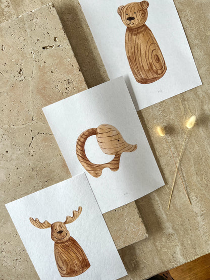 MOOSE ELEPHANT BEAR WOODEN ANIMAL TOY PRINT COLLECTION BY WILLOW AND SAGE CO