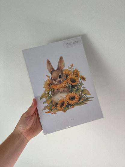 PACKAGED SUNFLOWER BUNNY PRINT ON LINEN BY WILLOW AND SAGE CO