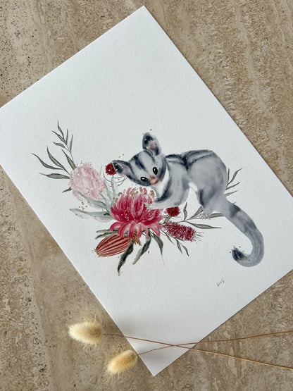 Australian possum nursery wall art featuring native florals and soft neutral tones