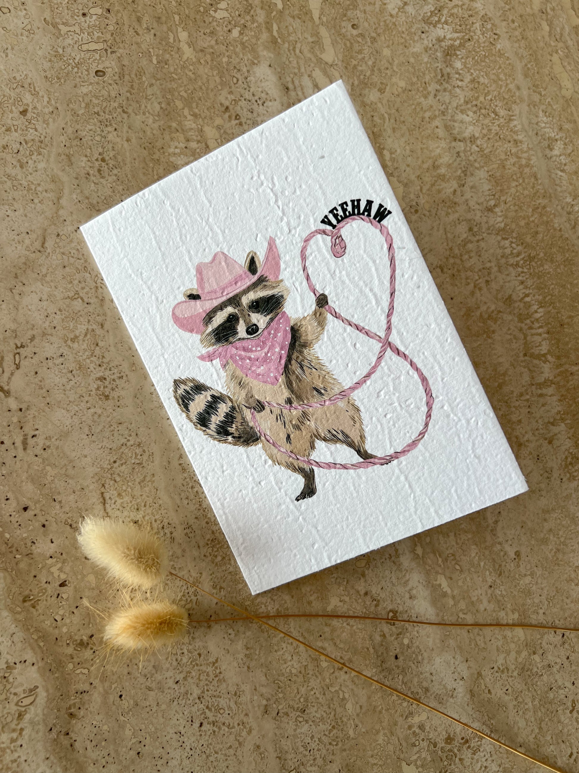 little blush rodeo yeehaw racoon plantable greeting cards western cowgirl birthday card by willow and sage co