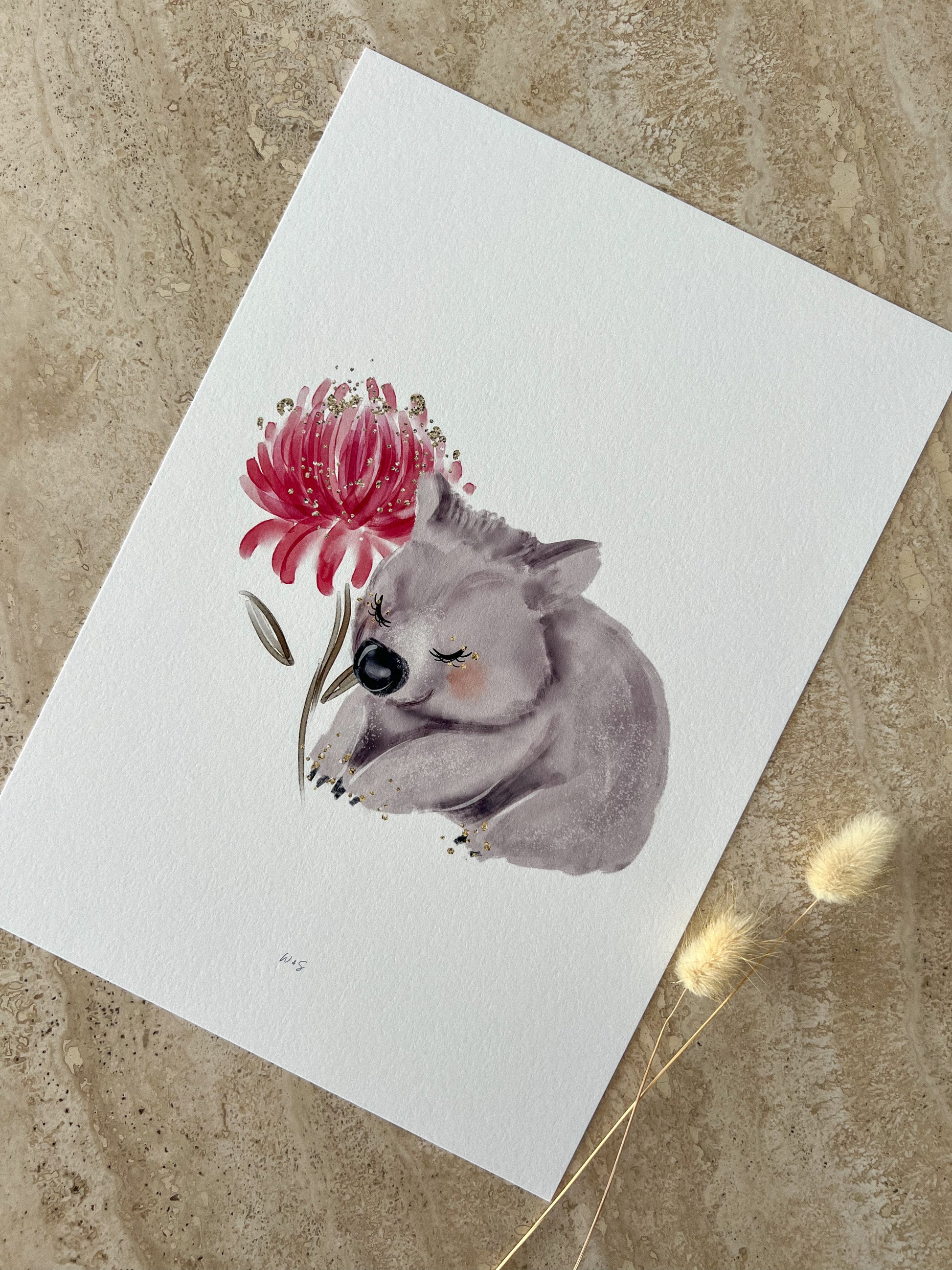 Australian wombat wall art with native Australian flowers – nursery print decor