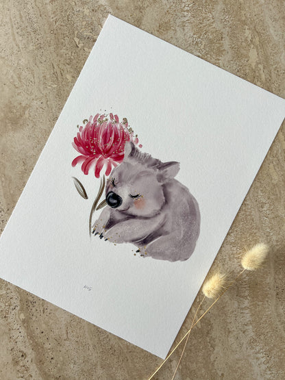 Australian wombat wall art with native Australian flowers – nursery print decor