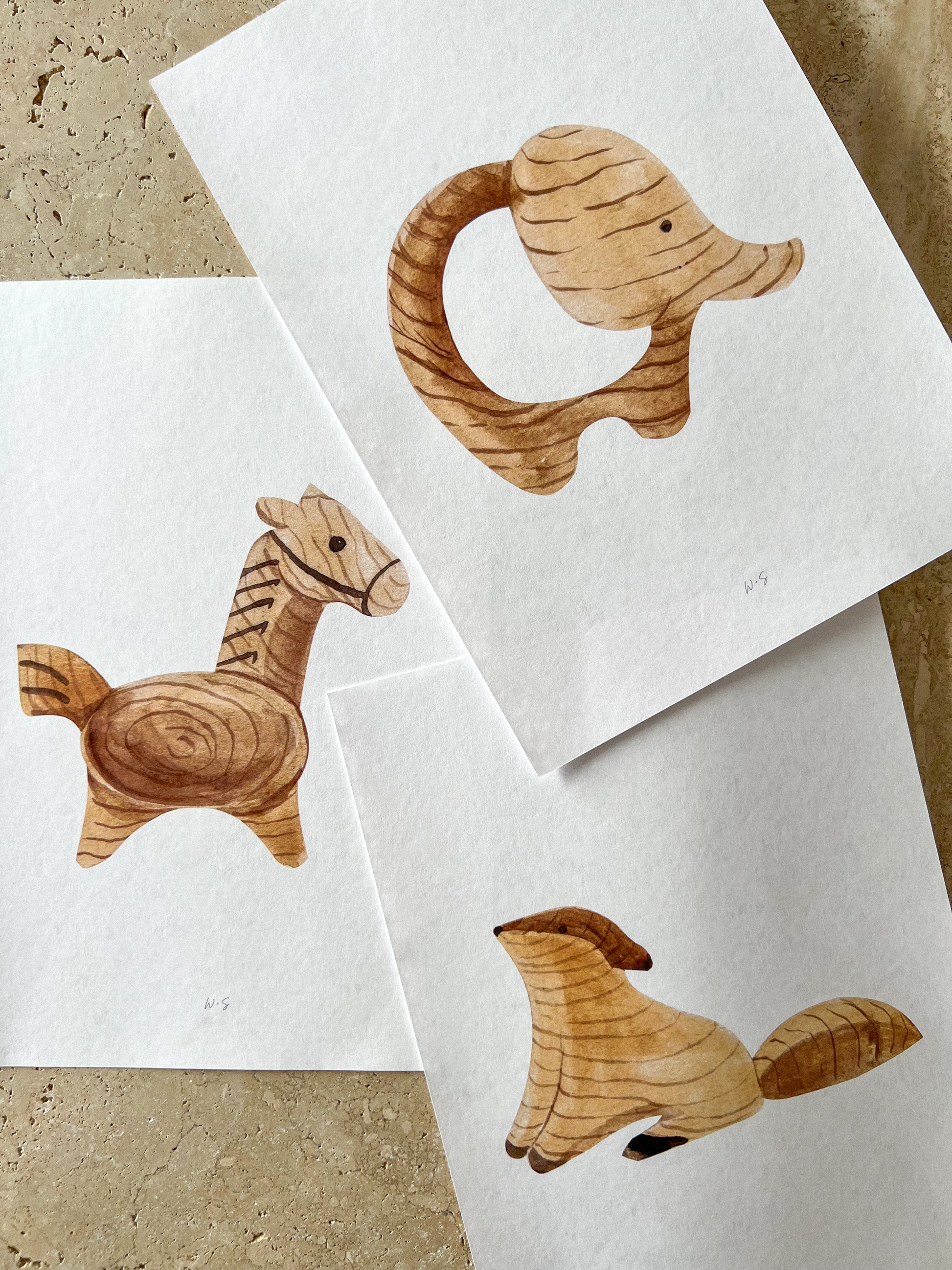 WOODEN ANIMAL TOY NURSERY PRINT COLLECTION BY WILLOW AND SAGE CO