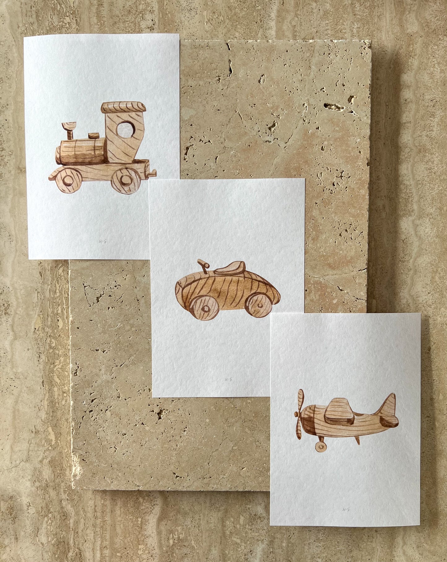 WOODEN TRAIN CAR PLANE TOY SET PRINT COLLECTION BY WILLOW AND SAGE CO